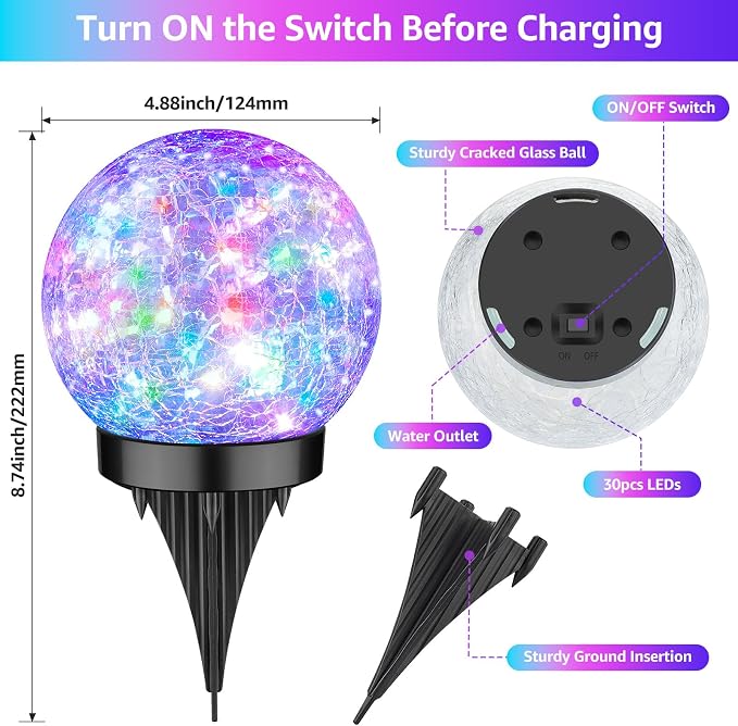 ASOMST 2-Pack Garden Solar Lights Outdoor, Colored Cracked Glass Ball Light Waterproof, Decorative Solar Powered Globe Lighting Multicolor for Yard