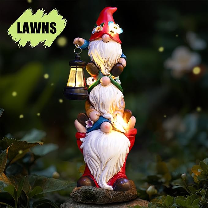 twinbling 17 in Large Garden Gnome Statue with Solar Lights | Sculptures Funny Triple Big Gnome Outdoor Patio Lawn Yard Balcony Garden Home Decor Gifts for Women Mom Mothers Day Gifts