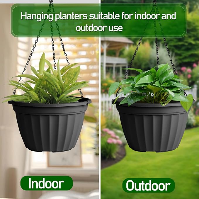 FGstyle 6 Pack Hanging Planters 10 Inch(Black & White),Self Watering Pots for Indoor Plants,Plastic Hanging Basket with Soil Elevator and 20" Chain for Home Garden Porch Balcony Patio Decor