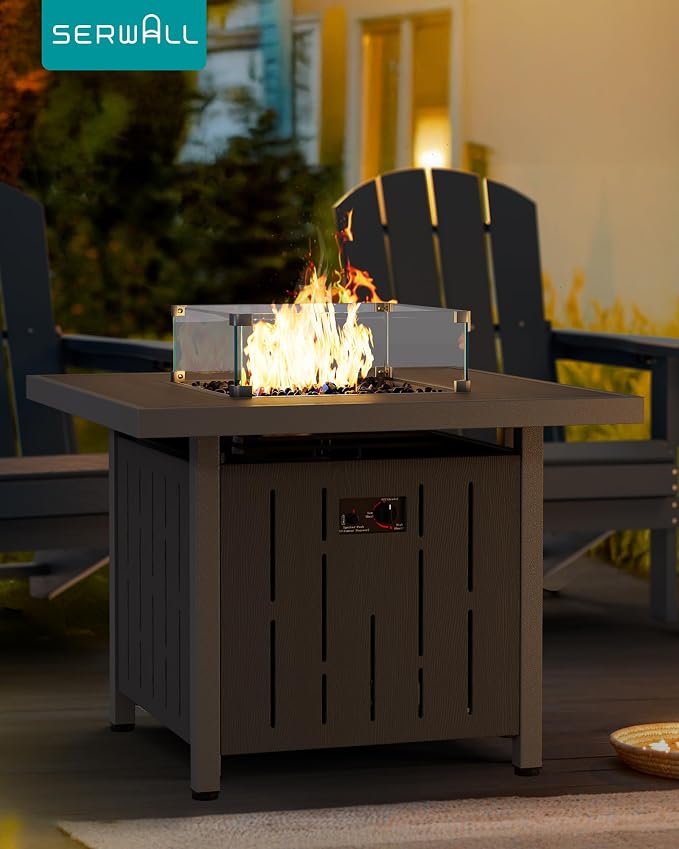 SERWALL 33" Outdoor Fire Pit Table, 50,000 BTU Square Propane Fire Pit Table with Lid, Glass Rock & Glass Wind Guard, HDPE Outdoor Furniture for Patio, Garden, Backyard, Black