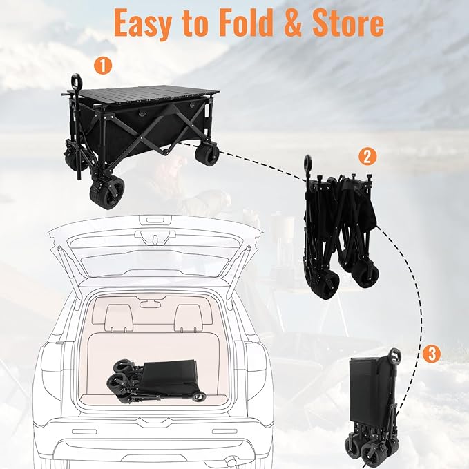 Heavy Duty Collapsible Folding Wagon with Table, 440LBS Capacity Utility Wagon Cart with All-Terrain Wheels, Foldable Beach Camping Wagon for Garden, Sports, Picnics Black