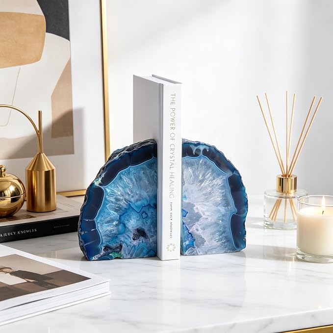 Natural Blue Dyed Agate Geode Bookends - 3 to 4 lb Heavy Duty Rock Crystal Stone Book Ends for Shelves, with Rubber Bumpers, Decorative Book Holders for Home Office
