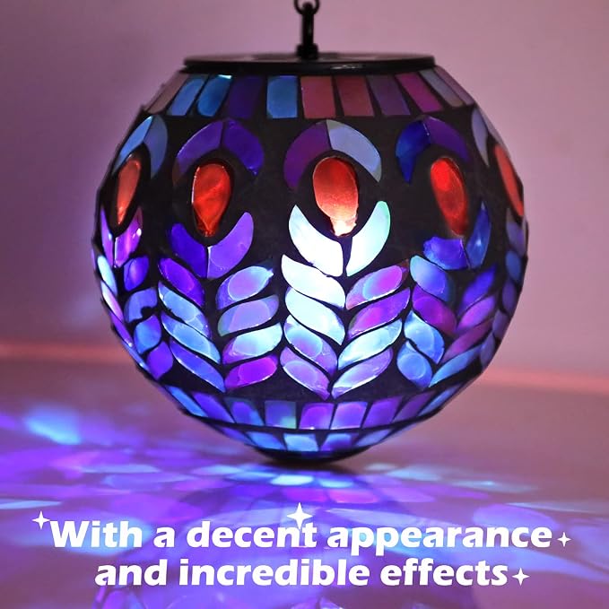 Mosaic Solar Lantern Outdoor Waterproof Glass Hanging Solar Lights, Black | Solar Hanging Lantern IP44 Waterproof Mosaic Gazing Ball with White LED Lights, Metal Hanging Chain, Outdoor Pathway Decor