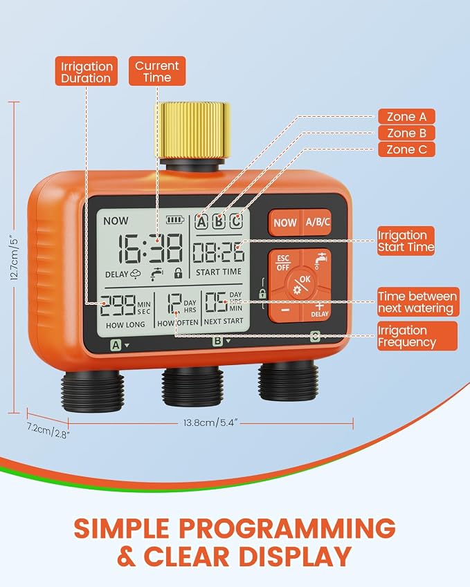 Sprinkler Timer 3 Zone with Brass Inlet Water Timer for Garden Hose Programmable Hose Faucet Controller with Independent Zone Control Custom Rain Delay Manual&Auto Watering Child Lock for Yard Lawn