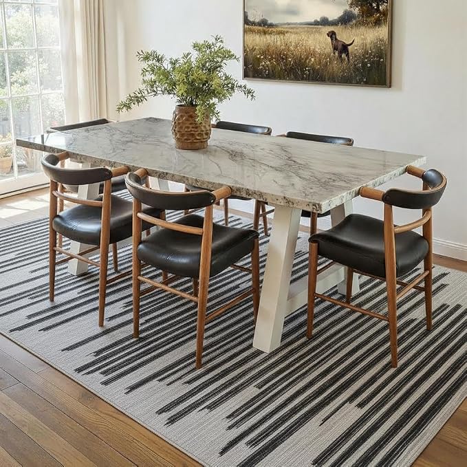 GarveeHome 8x10 Washable Living Room Rug Modern Striped Non Slip Carpet | Foldable Low Pile Area Rug for Home Office Bedroom Dining Room Geometric Stain Resistant Rugs, Black Grey