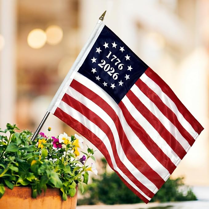 1776 2026 Small American Flag 12x18 Inch on Stick for Outside Yard and Garden, 12 Pack Betsy Ross US Hand Held Flags for 250th Anniversary July 4th Decorations