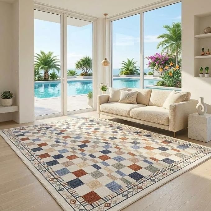 GarveeHome 4x6 Rug for Playroom Washable Checkered Carpets for Bedroom | Modern Abstract Multi-Color Dining Area Rug Non-Slip Low Pile Contemporary Area Rug for Living Room Nursery Room