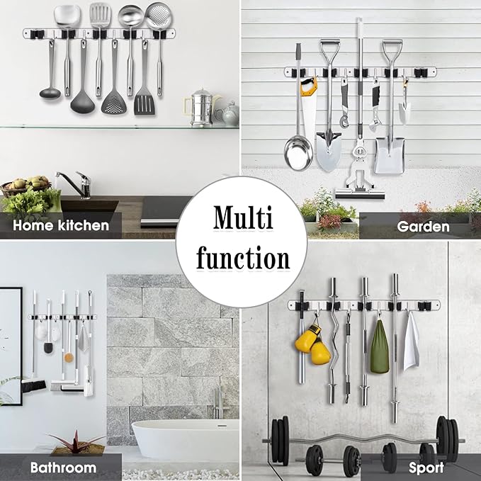 2 Pack Mop and Broom Holder Wall Mount, 5 Racks and 4 Hooks Broom Organizer Storage Tool Racks Stainless Steel Heavy Duty Hooks Self Adhesive Solid Non-slip for Home Kitchen Garden Laundry Garage | Mop Holder Wall Mount and Broom Hanger for Garage, Lau...