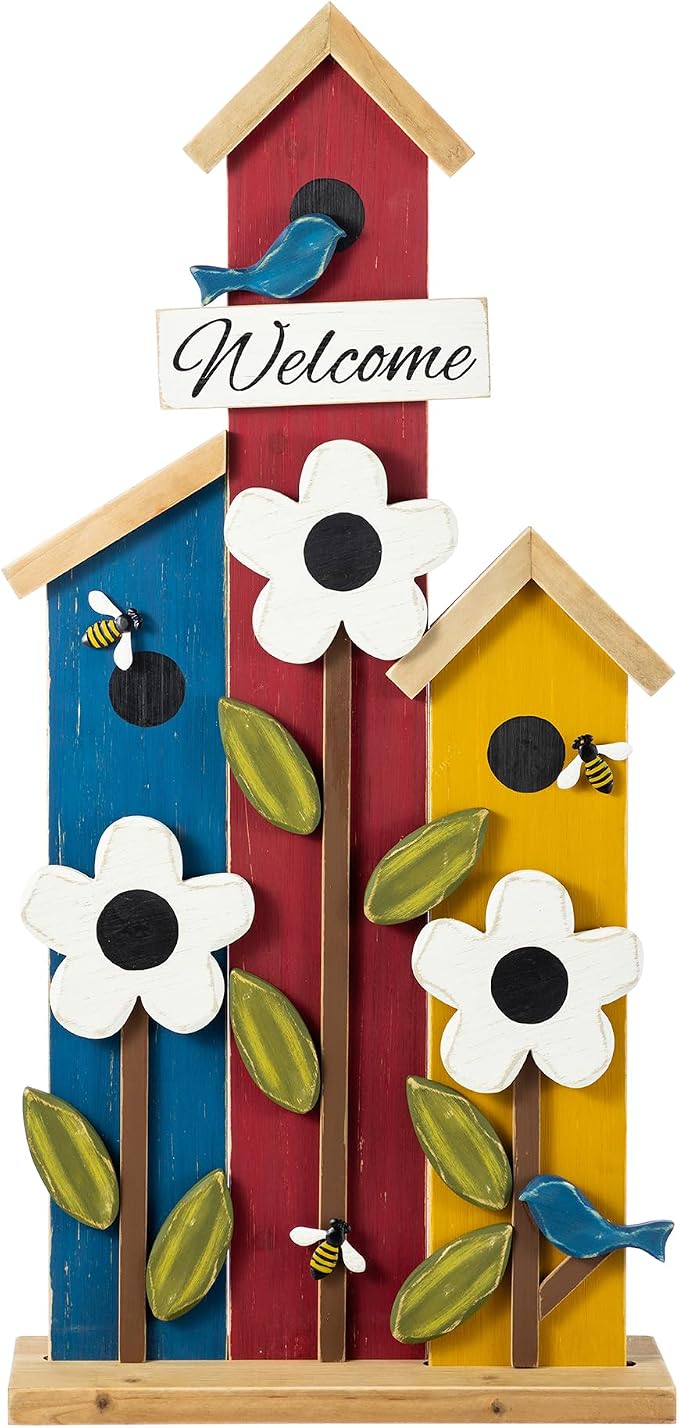 Glitzhome 30"H Welcome Yard Sign for Front Porch Standing, Wood Birdhouse Shaped Porch Board, All Seasonal Farmhouse Rustic Modern Porch Sign for Patio Front Door Outside