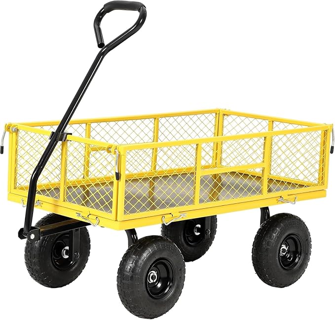 900 Lbs Heavy Duty Steel Garden Cart, Garden Wagon Cart on Wheels, Outdoor Metal Yard Utility Wagon Carts with and Mesh Removable Sides and 180°Rotating Handle,Red