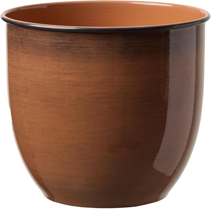 Bloem Canyon 10" Indoor Metal Cachepot - Glossy Decorative Planter with Powder-Coated Finish, Removable Drain Plug, Terra Cotta