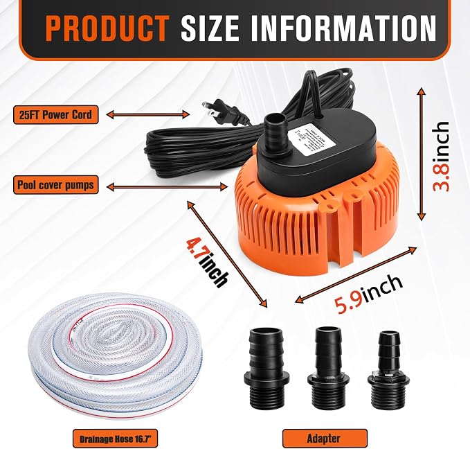 Sump Pump,Pool Cover Pump above Ground | For Swimming Pool Basement Garden Pond Tubs Draining,75W,Max Flow:850GPH,3 Adapters,25 Ft Power Cord (Orange)