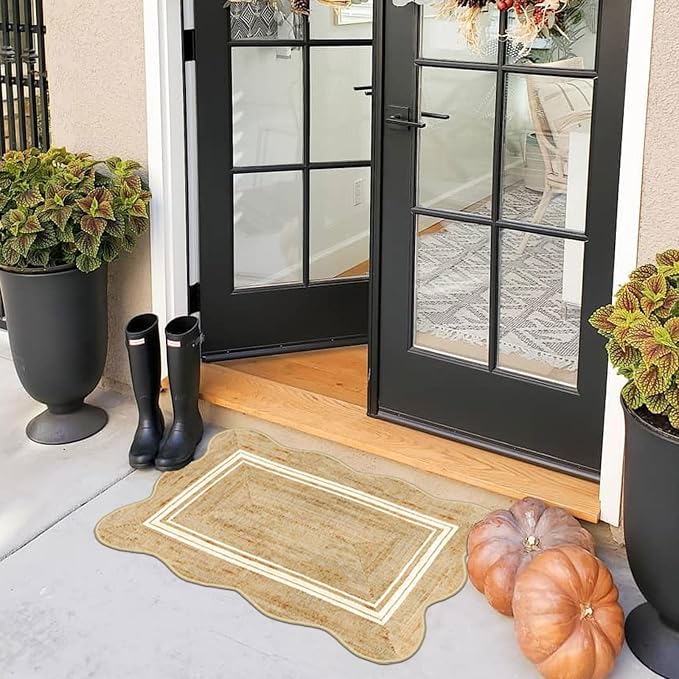 Front Door Rug - 2x3 Jute-Look Doormat Indoor Outdoor Entrance | Washable Non-Slip Door Mat Farmhouse Scalloped Small Throw Rugs for Entryway Bedroom Kitchen Mat for Floor Front Porch Decor