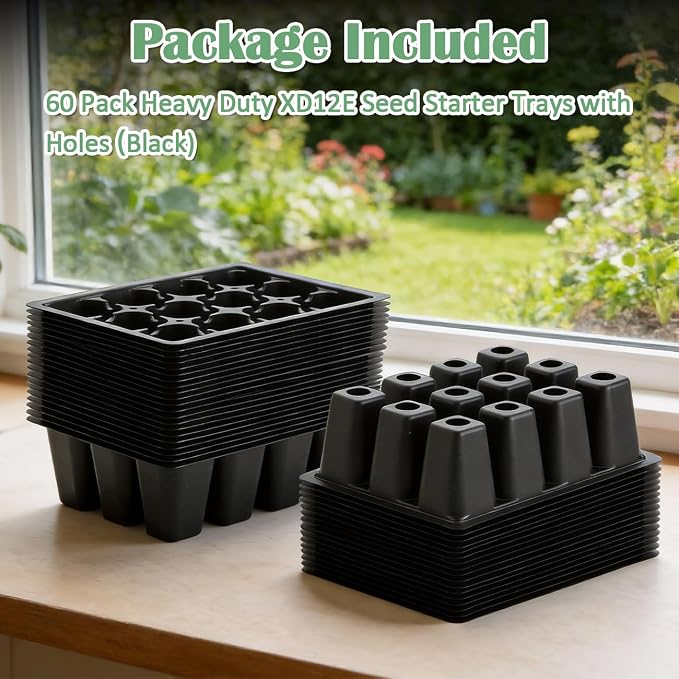 RooTrimmer 60 Pack Reusable 12-Cell Seed Starter Tray, Plant Starter Trays with Large Drainage Holes for Seed Germination, Easy to Repotted, Fits Standard 1020 Flats and TD377 Trays, Black
