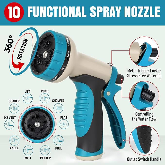 Garden Hose 75 ft x 5/8" with Nozzle, Water Hose Heavy Duty Flexible, Lightweight Kink-less Hybrid Hose with Swivel Handle, Male to Female Fittings