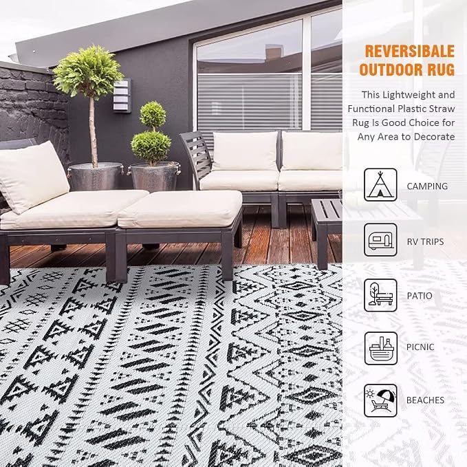 Pendolr Outdoor Rug 9’x12' for Patios Clearance Waterproof Carpet Large RV Mat Outdoor Plastic Straw Rug for Camping Reversible Outside Rug for Patio Balcony Deck Backyard Picnic Beach Black&White 02#