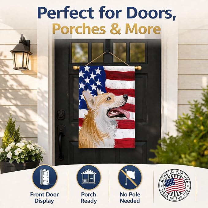 Caroline's Treasures CK6751CHF Pembroke Welsh Corgi American Flag House Flag Large Porch Sleeve Pole Decorative Outside Yard Banner Artwork Wall Hanging, Polyester, House Size, Multicolor
