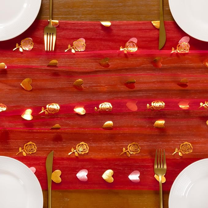 Socomi Valentine's Day Rose & Heart Table Runner Gold Gauze Sheer Romantic Sequin 10FT Glitter Metallic Foil Dining Wedding Birthday Party Baby Shower Holiday Centerpiece Table Decor 3pcs Red