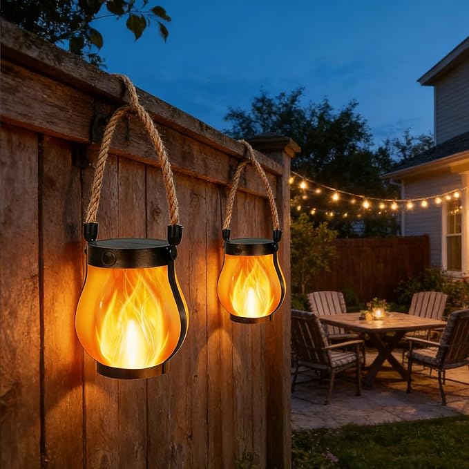 Upgraded 2 Pack Solar Lanterns, Solar Lights Outdoor, Solar Flame Lanterns, 2 Lighting Modes & Dual Charging Way USB & Solar Powered, Solar Lanterns Outdoor Waterproof for Patio Yard Porch Lawn Decor