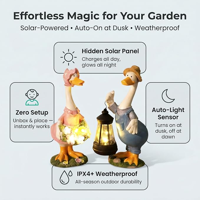 2 Pack Porch Goose Statues, 10 Inch Solar Powered Light Up Resin Garden Statues, Waterproof Outdoor Decor for Patio Lawn, Cute Duck Goose Figurine