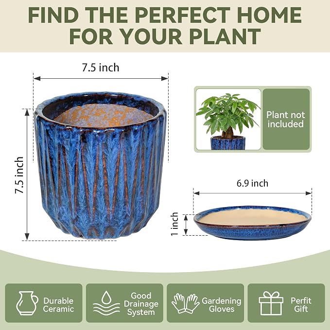 7.5 Inch Ceramic Planter Pot with Saucer Drainage Leak-Proof Mesh,Flower Pots for Indoor Plants with Gardening Gloves,Ceramic Planter(Peacock-Blue)