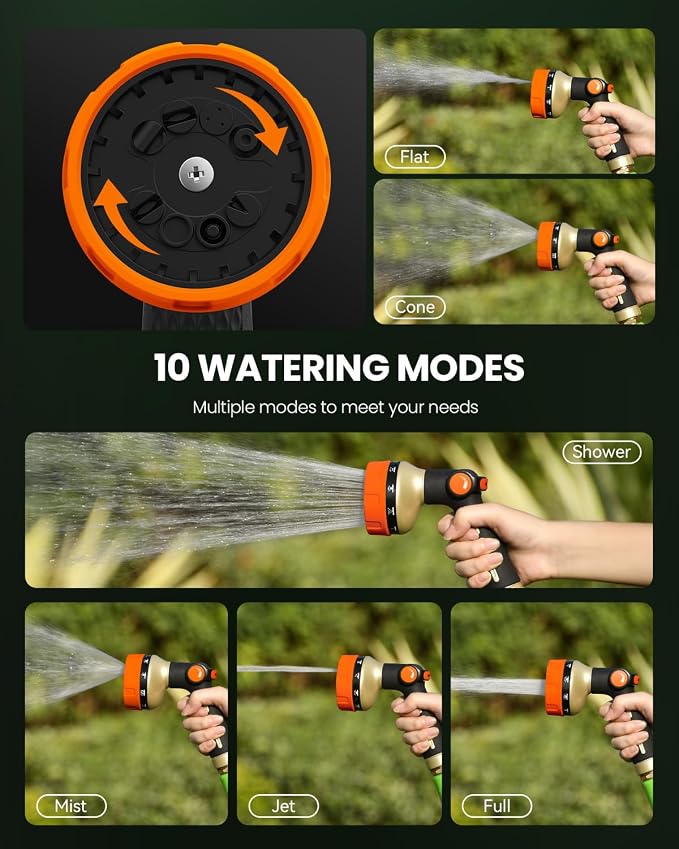 RAINPOINT Garden Hose Nozzle Heavy Duty - 100% Metal Thumb Control Spray Nozzles for Garden Hose High Pressure, 10 Patterns Water Hose Nozzle for Car Wash, Watering Lawn and Pets, Orange2, 2 Pack