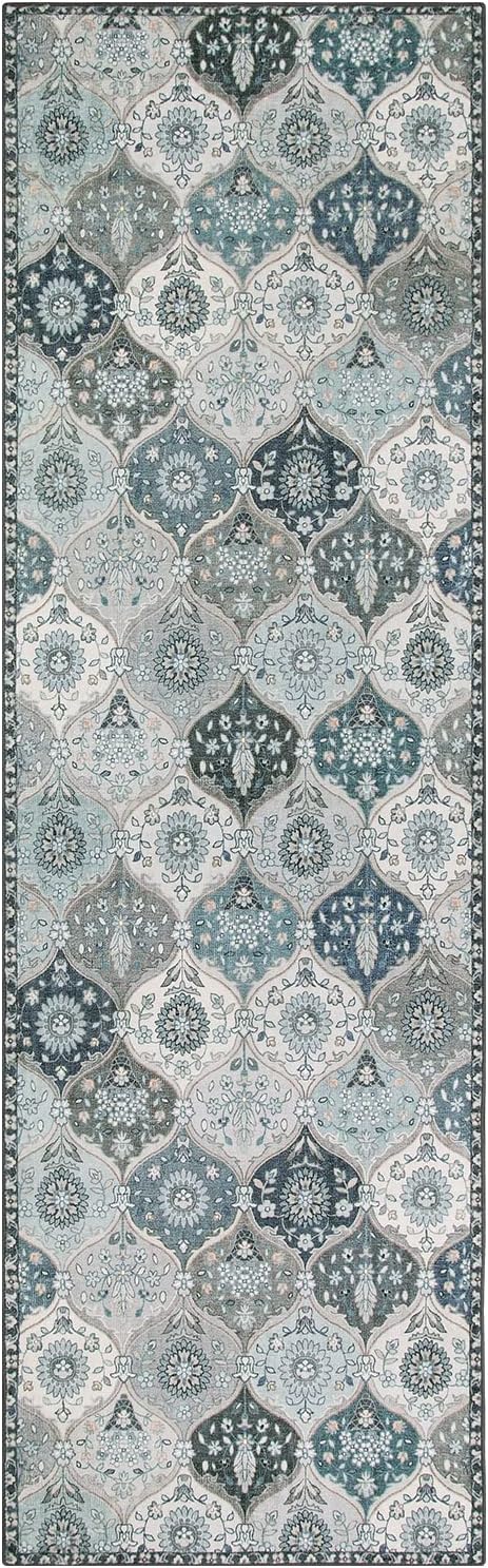 Lahome Moroccan Washable Runner Rug, 2'5''x8' Kitchen Runners for Hallways | Ultra-Thin Vintage Oriental Non-Slip Hallway Rug Carpet for Entryway Bedroom Laundry Room Foyer Elise, Blue