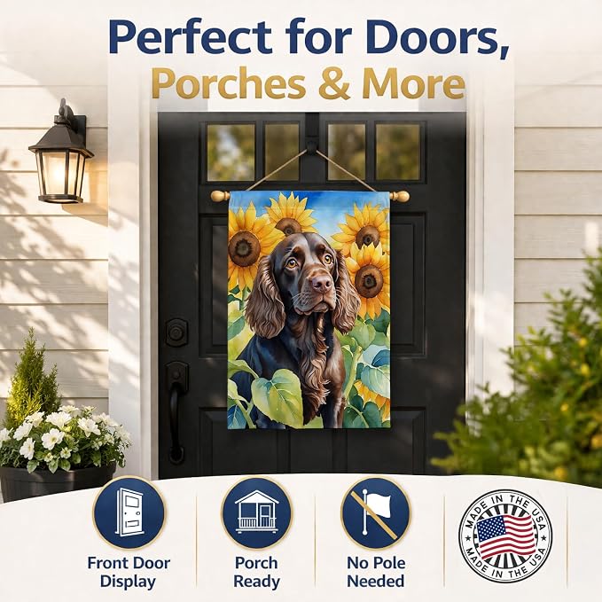 Caroline's Treasures DAC6039CHF Boykin Spaniel in Sunflowers House Flag Large Porch Sleeve Pole Decorative Outside Yard Banner Artwork Wall Hanging, Polyester, House Size, Multicolor
