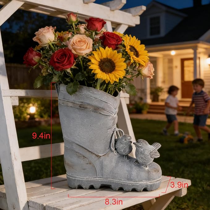 Funny Plant Pots Indoor Outdoor Cement Rain Boot Shaped Planter with Birds Decorative Pot for Flower Succulent Cute Fun Planters Garden Porch Patio Farm Decor Gift for Women