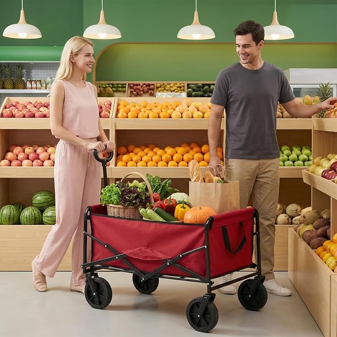 NEWBULIG Collapsible Wagon Cart, 102L Standard, Portable Heavy Duty Pull Cart with Lockable Wheels, 330 lbs Capacity, Adjustable Handle for Beach, Sports, Camping, Shopping & Garden, Red