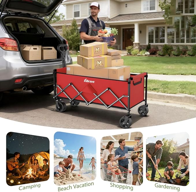 Extra Long Collapsible Wagon Cart, 480LBS Heavy Duty Utility Wagons with All-Terrain Wheels, Foldable Grocery Carts for Gardening, Shopping, Beach, Camping, Cherry Red