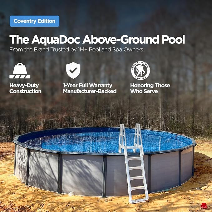 AquaDoc Coventry Round Steel Wall Above Ground Pool Kit 15' x 52" | Premium Package in Pewter Gray Finish with Sand Filter, Wide Mouth Skimmer, Ladder and Sunlight Overlap Liner
