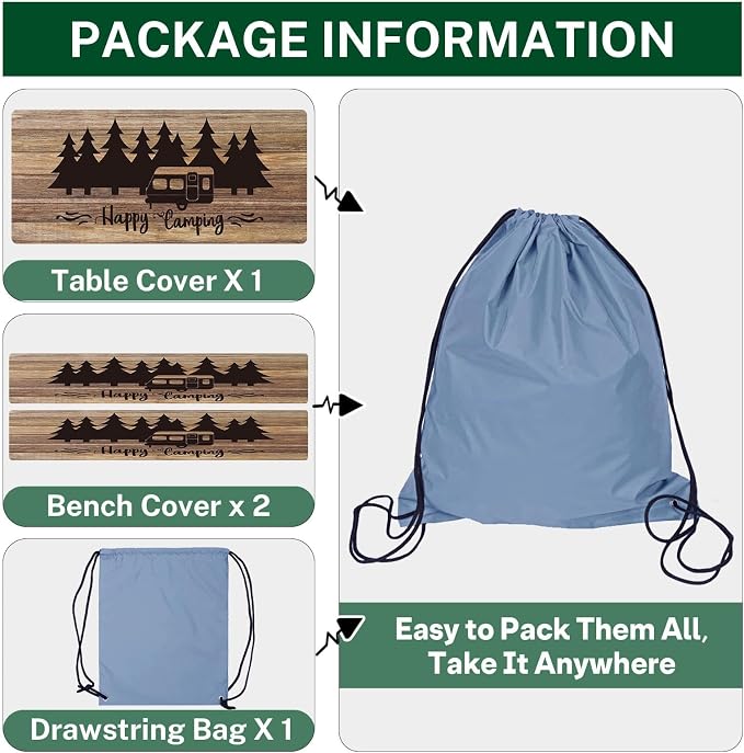 Picnic Table Cover with Bench Covers Elastic Edges, Wooden Camper Fitted Table Cover, Outdoor Patio Camping Essentials 96 Inch 3PCS, Waterproof Camping Fitted Tablecloth with Drawstring Bag
