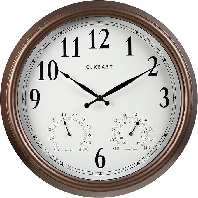 CLXEAST 18 Inch Indoor Outdoor Clocks Waterproof, Large Outdoor Clock with Temperature and Humidity Combo,Weatherproof,Bronze/Brown