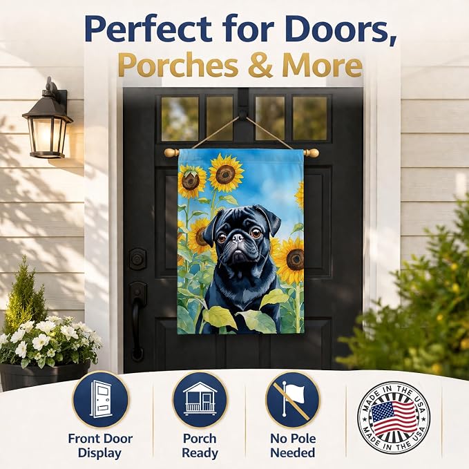 Caroline's Treasures DAC6144CHF Pug in Sunflowers House Flag Large Porch Sleeve Pole Decorative Outside Yard Banner Artwork Wall Hanging, Polyester, House Size, Multicolor