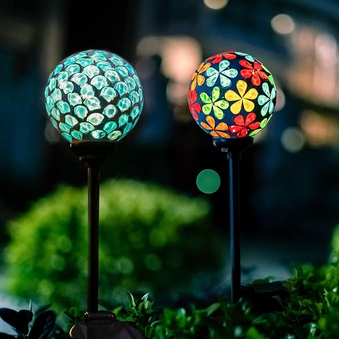 VCUTEKA Decorative Solar Garden Lights, 3.5" Mosaic Globe Stake 2 Pack | Mosaic Glass Design, Solar LED Light, Weather Resistant, Auto On/Off and Metal Stake Design for Lawn and Patio