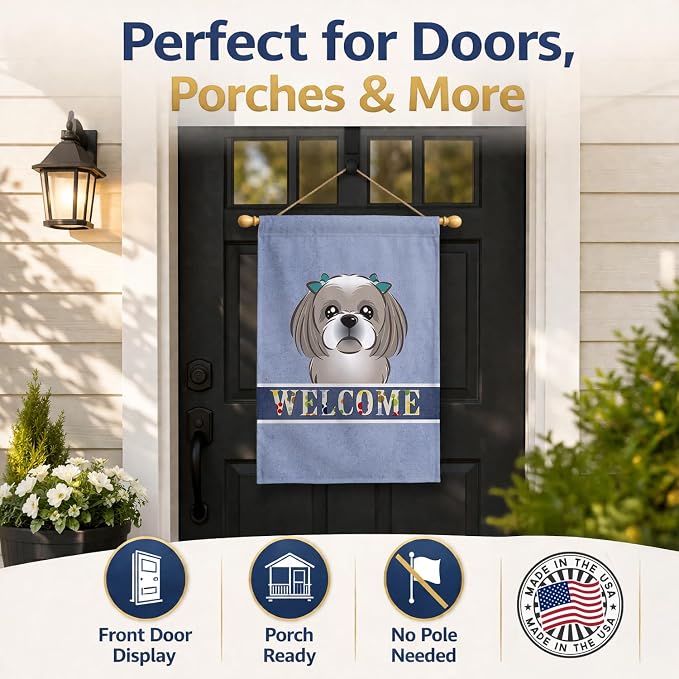 Caroline's Treasures BB1436CHF Gray Silver Shih Tzu Welcome House Flag, Blue Large Porch Sleeve Pole Decorative Outside Yard Banner Artwork Wall Hanging, Polyester, House Size, Multicolor