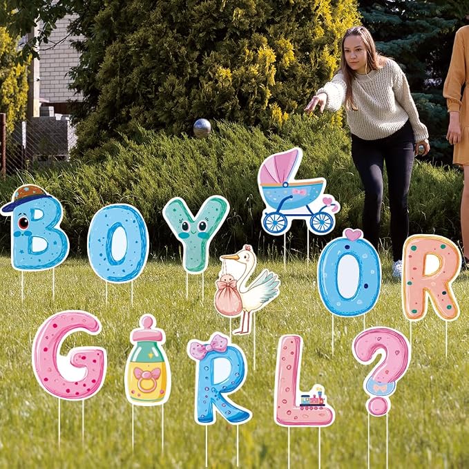 SUPERDANT 12Pcs Gender Reveal Party Yard Sign with 24 Stakes Boy or Girl Baby Shower Lawn Decorations Birth Party Outdoor Sign Newborn Garden Decor for Celebration 11.8x11 Inch