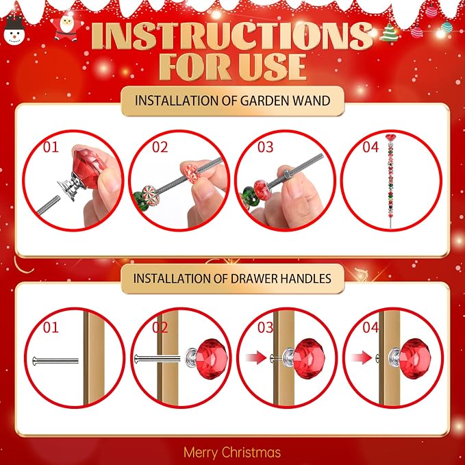 AIPRIDY DIY Crystal Beaded Fairy Wand Garden Stakes Kit, Colorful Decorative Wands with Assembly Guide, 12 or 10 Inch Threaded Rods,Outdoor Garden Decoration Set (174, Red+Green+White+Diamond Top)