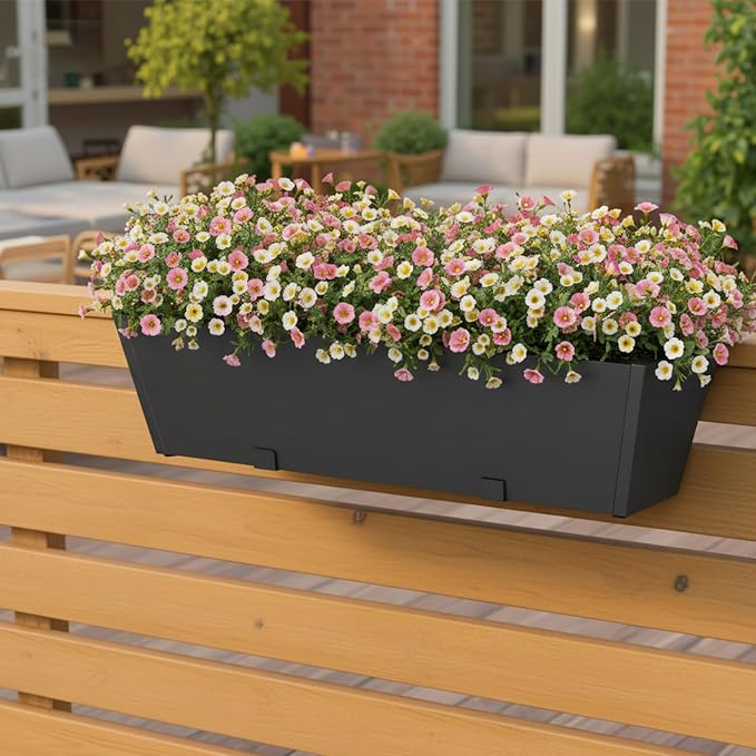 2 Pack Railing Planter Box 36 Inch - Heavy Duty Metal Window Boxes, Deck Railing Planter Boxes with Adjustable Bracket & Drainage, Hanging Planter for Deck Railing Balcony & Patio