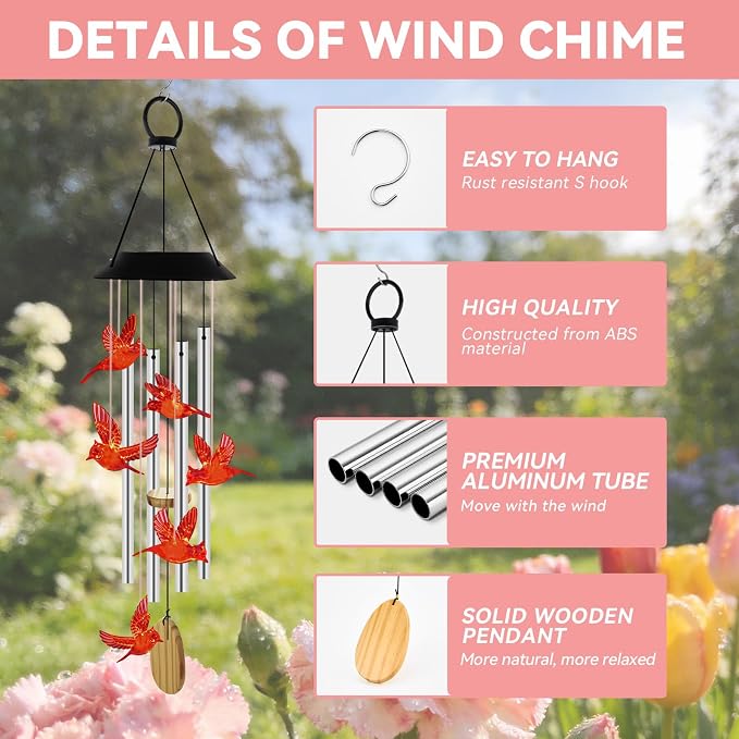 Wind Chimes for Outside, Solar Lights Outdoor Waterproof, Color Changing Cardinal Light for Yard, Outdoor, Patio, Garden Decor, Wind Mobiles Gardening Gifts for Women, Mom, Wife, Red Cardinal