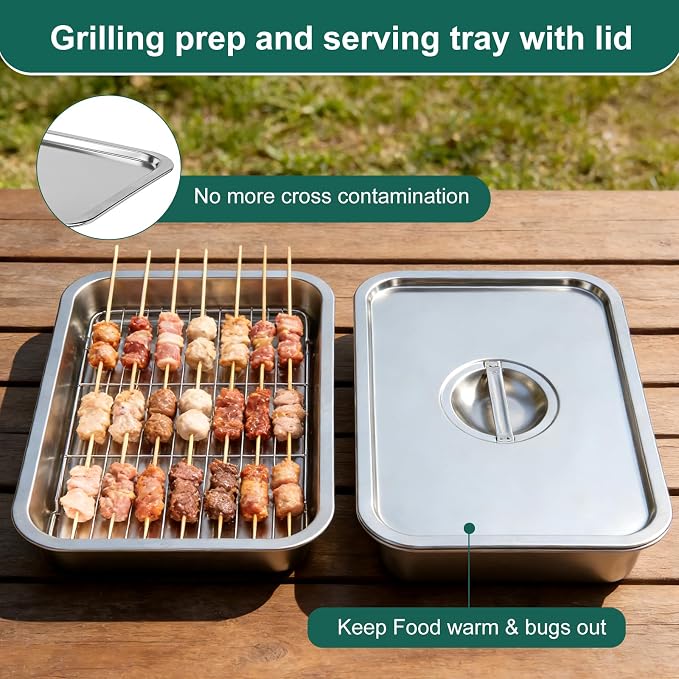 Stainless Steel BBQ Grilling Prep and Serve Tray Set, Food Preparation Container with Lid, Cutting Board, Wire Rack and Marinade Pan for Outdoor Cooking,Grill Gifts for Grill Lovers