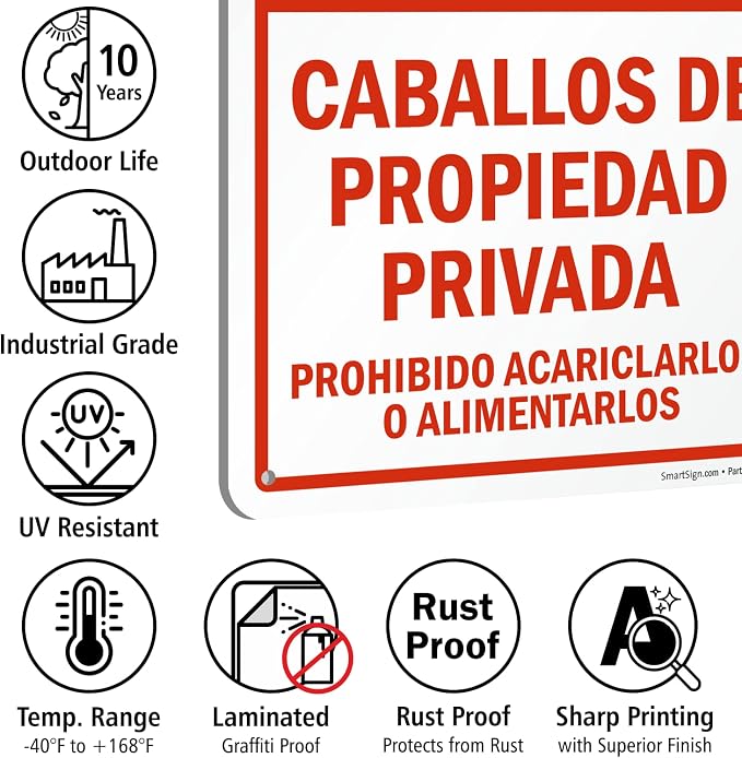 SmartSign 18 x 12 inch “Privately Owned Horses - Do Not Pet Or Feed” Bilingual Metal Sign, 63 mil Laminated Rustproof Aluminum, Red and White, Made in USA