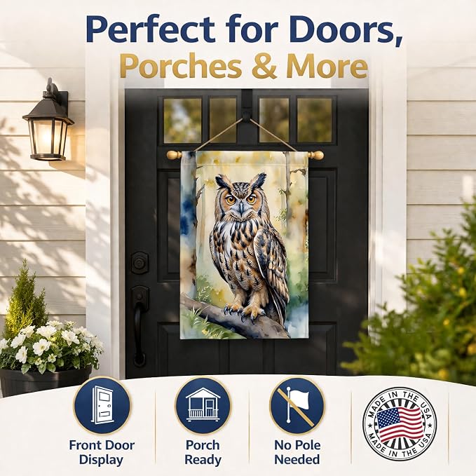Caroline's Treasures Eurasian Eagle Owl House Flag Large Porch Sleeve Pole Decorative Outside Yard Banner Artwork Wall Hanging, Polyester, House Size, Multicolor
