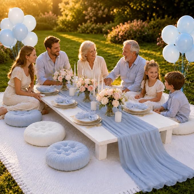 Cinrobiye Boho Picnic Party Set for Outdoor, Aesthetic Picnic Setup with Large Picnic Blanket, Floor Cushions, Table Runner, Napkins, Balloons for Wedding, Bridal Shower, Birthday (Blue)