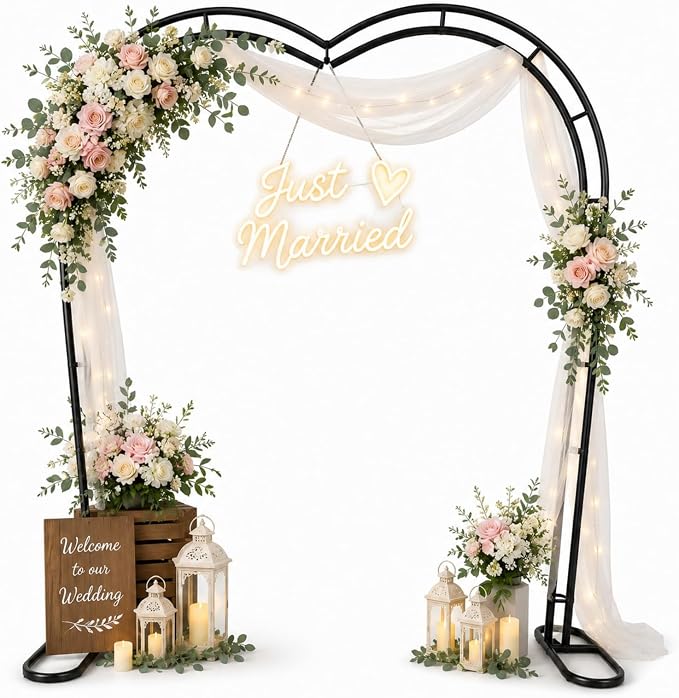 Black Heavy Duty Metal Garden Arch Trellis for Climbing Plants, Decorative Archway Wedding Arch Frame for Patio, Backyard, Patio, Lawn, Pathway (Black, Heart)