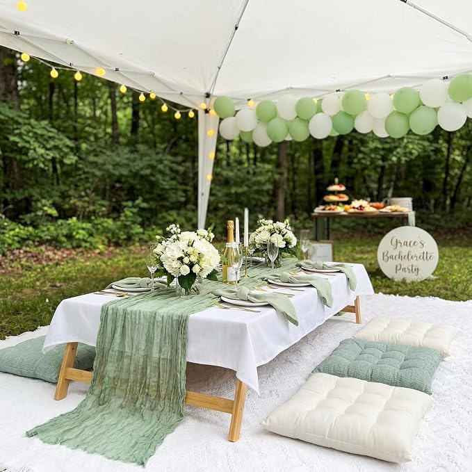 8 Pcs Fit for 6 People 91 x 71'' Extra Large Outdoor Picnic Blanket with Sage Green Table Runner and Floor Pillow Cushion Fit for 6 People Picnic Wedding Birthday Baby Shower Backyard Decor