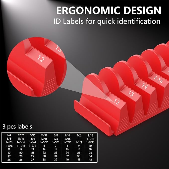 80 pcs MAGNETIC Modular Wrench Organizers for Tool Drawers - Wrench Rack with Metric & SAE Labels, Perfect Tool Storage Holder. Gift for father, brother and boyfriend (With Magnet) (Black and Red)