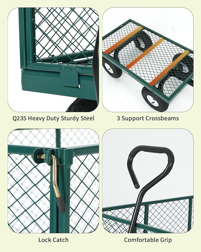 Garvee Versatile Outdoor Utility Cart-800LBS Heavy-Duty, 10" All-Terrain Pneumatic Tires, Easy Maneuverable Lawn Cart with Removable Mesh Panels for Gardening&Landscaping, Green, with Waterproof Liner