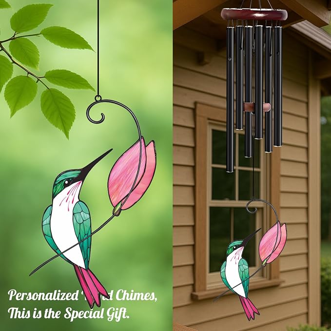 Personalized Metal Wind Chime Garden Sign, 40 Inch Outdoor Colorful Bird & Flower Memorial Decor, Yard Hanging Plaque for Patio Porch Lawn (JSTY367)